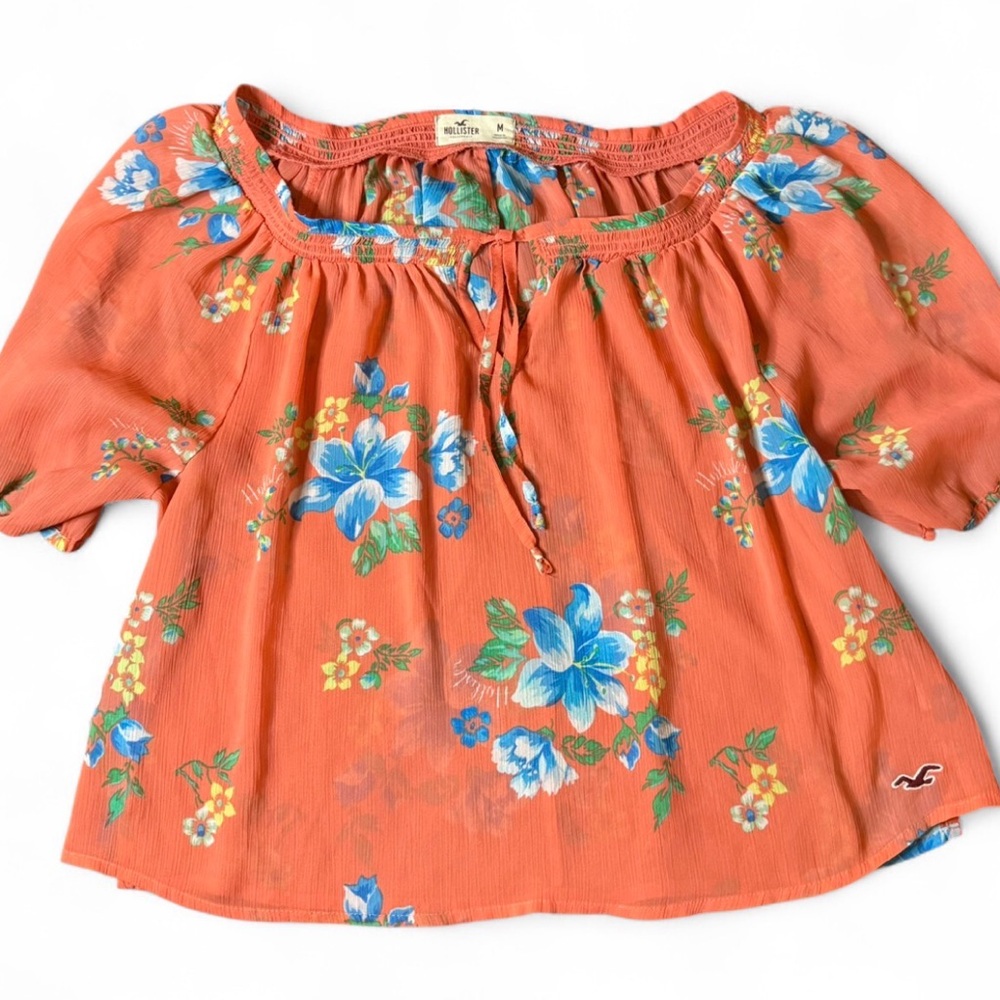 Hollister Chiffon Orange Floral Pheasant Blouse Medium